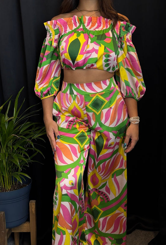 Set Crop Top y Pantalon Tropical Print